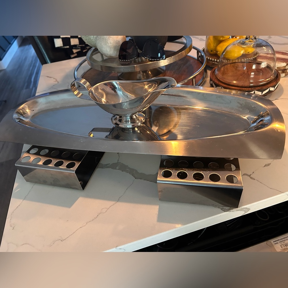 24 inch Stainless Steel serving platter / warming trays and sauce boat.